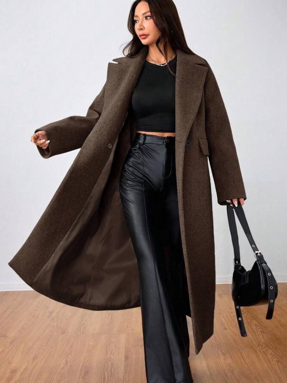 Coffee Brown Casual Women's Lapel Long Coat